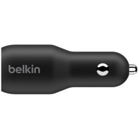 Belkin Dual USB-C Auto Adapter for fast charging two devices simultaneously in a sleek design for 12V cars.