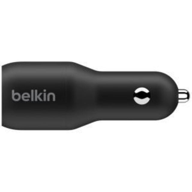 Belkin Dual USB-C Auto Adapter for fast charging two devices simultaneously in a sleek design for 12V cars.