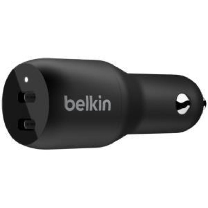 Belkin Dual USB-C Auto Adapter with 18W fast charging for 12V vehicles, perfect for charging two devices simultaneously.