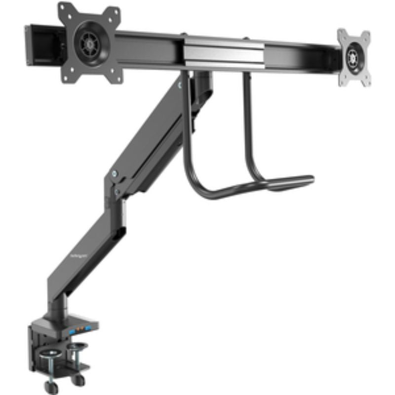 StarTech dual monitor arm with USB ports and audio, supporting 17-32 inch displays for ergonomic workspace setup.