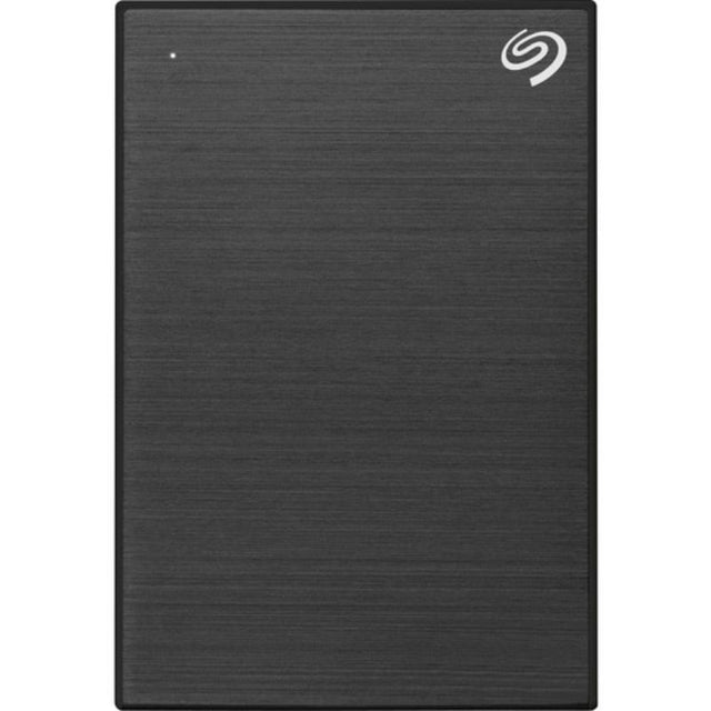 Seagate One Touch 2TB portable hard drive in black for seamless USB 3.0 storage on Windows and Mac devices.