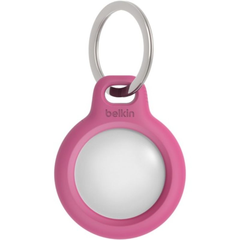 Belkin Pink AirTag holder with key ring, offering stylish protection and easy attachment for tracking belongings.