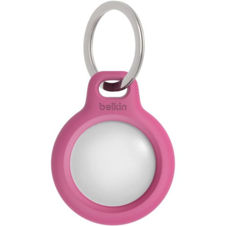 Belkin Pink AirTag holder with key ring, offering stylish protection and easy attachment for tracking belongings.