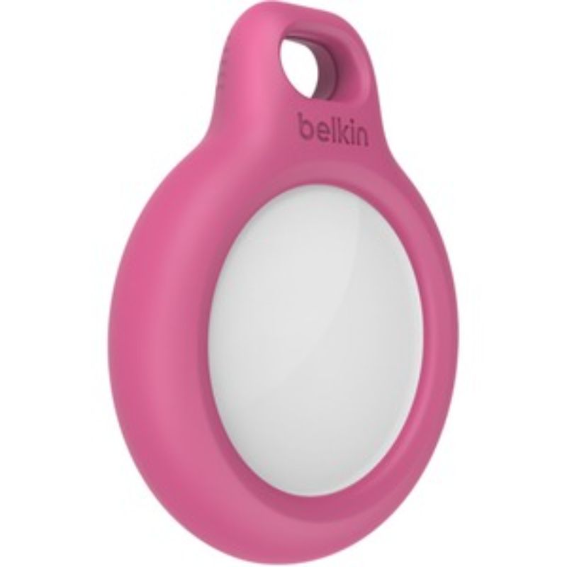 Belkin Pink AirTag holder with key ring, featuring twist-and-lock design for stylish, durable protection of your belongings.
