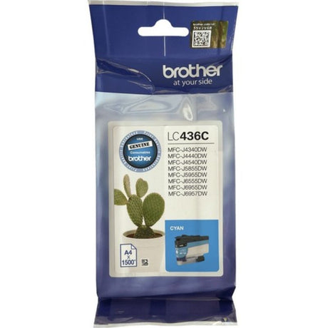 Brother LC436C Cyan Ink Cartridge for optimal print quality, yields 1500 pages, designed for Brother printers.