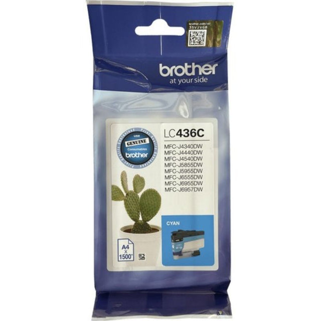 Brother LC436C Cyan Ink Cartridge for optimal print quality, yields 1500 pages, designed for Brother printers.