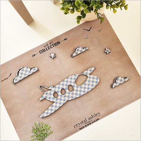 Whimsical blue check aeroplane set with clouds and stars, perfect for nursery and children's bedroom decor.