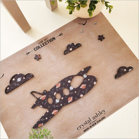 Textured wall art set featuring a plane, clouds, and stars, ideal for nursery or bedroom decor with a whimsical night sky theme.