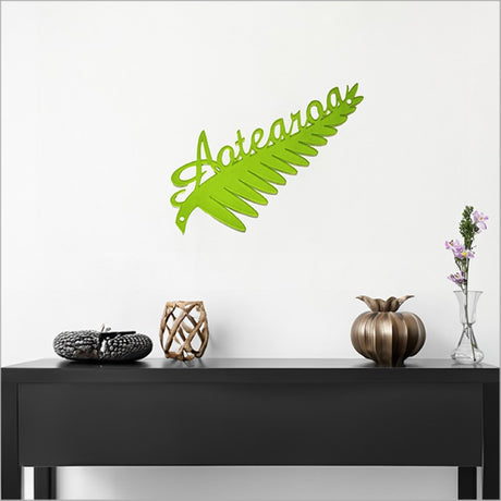 Large Satin Acrylic wall art featuring a Lime Silverfern design, celebrating New Zealand's cultural heritage.