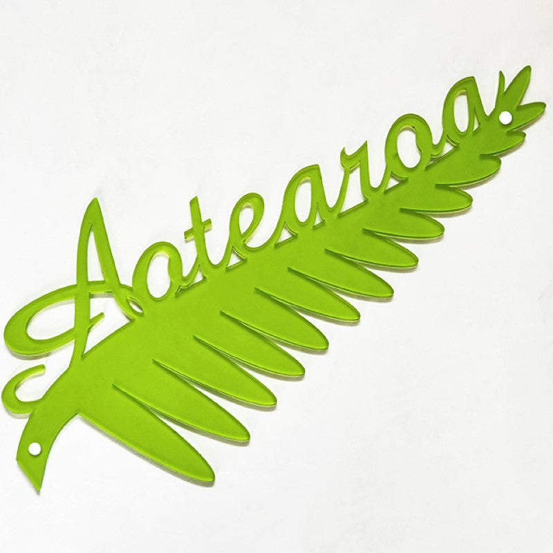 Large satin acrylic wall art featuring a lime Silverfern design, celebrating New Zealand's cultural heritage.