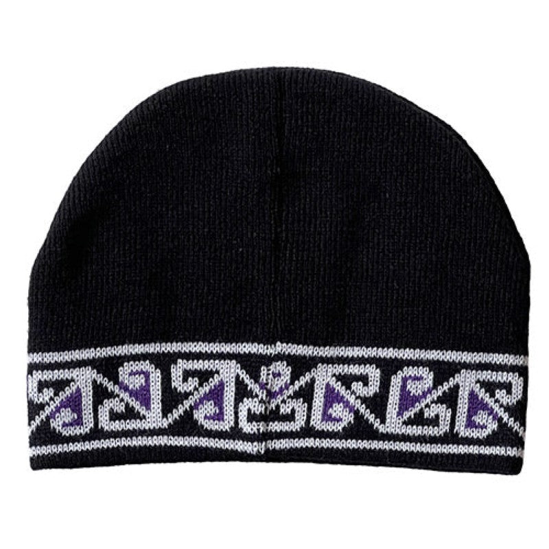 Stylish Moari Ng?ti Porou beanie in black, purple, and white wool, celebrating New Zealand cultural heritage and warmth.