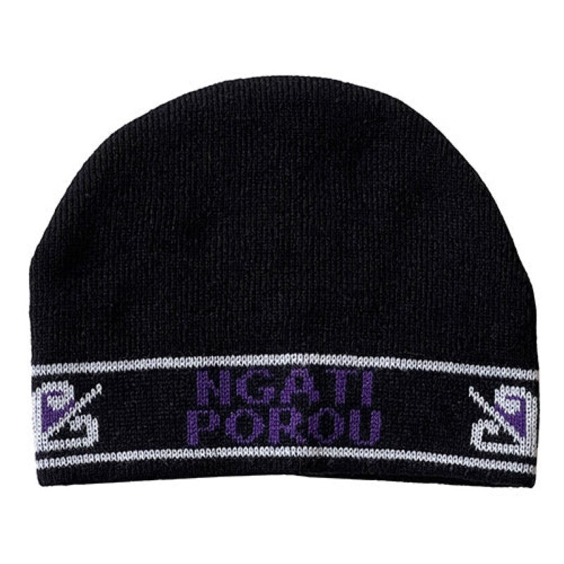 Stylish Moari Ng?ti Porou Beanie in black, purple, and white, celebrating New Zealand heritage and providing warmth.