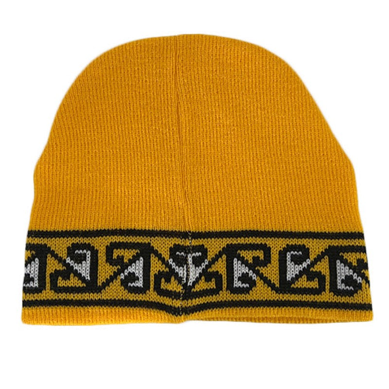 Warm Maori Taranaki Beanie in yellow, black, and white, celebrating New Zealand culture and style for all seasons.