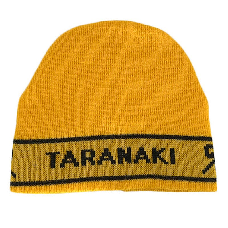 Warm Maori Taranaki Beanie in yellow, black, and white, celebrating New Zealand culture and perfect for all seasons.