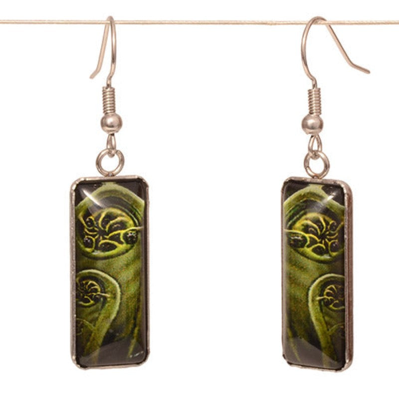 Green Koru Resin Rectangle Drop Earrings featuring iridescent patterns, lightweight and elegant for any occasion.