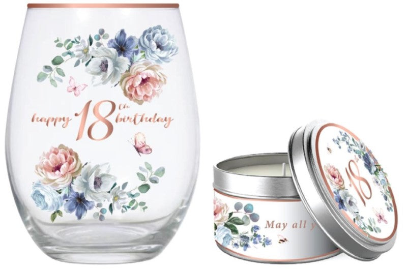 18th Stemless Glass - Dancing Roses & Vanilla Candle Gif (520ml)