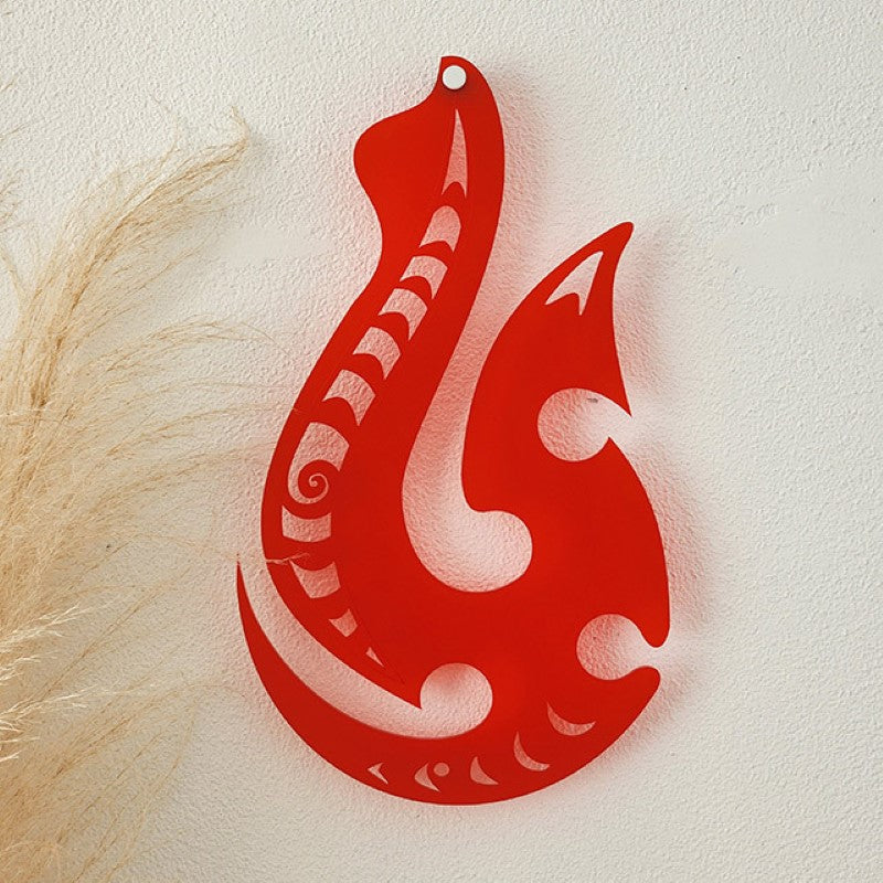 Large red satin acrylic wall art featuring a traditional Hei Matau design symbolizing strength and safe travels.