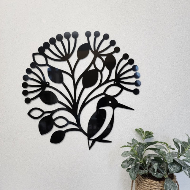 Large wall art featuring a kingfisher perched on pohutukawa blossoms, crafted from durable black aluminum composite material.
