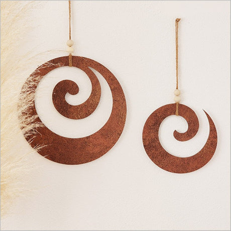 Rusted copper textured Koru wall art set featuring a closed 300mm and open 205mm design, ideal for modern decor.