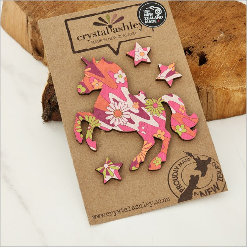 Whimsical unicorn wall art set in retro pink floral design, perfect for adding charm to a child's room.