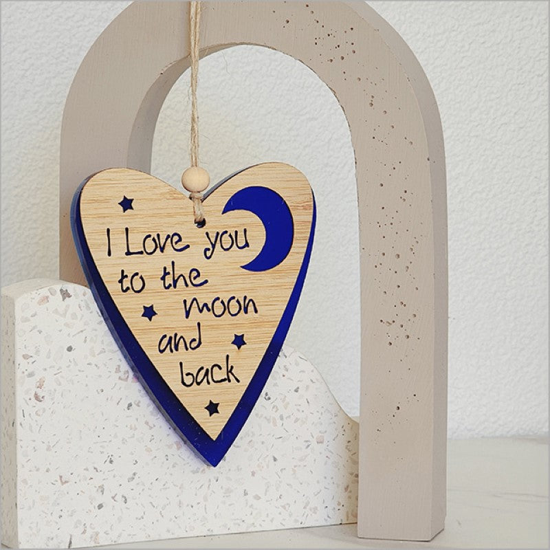 Elegant blue satin acrylic heart and moon ornament with bamboo frame, perfect for holiday decor or gifts.