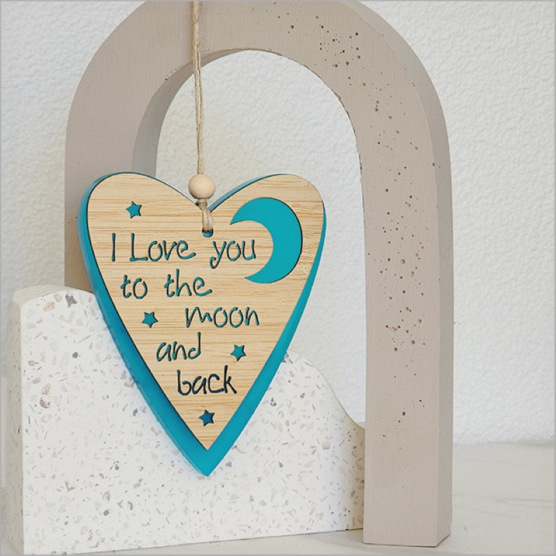 Teal satin acrylic heart ornament with moon design, perfect for home decor and gifting, 90mm x 105mm size.