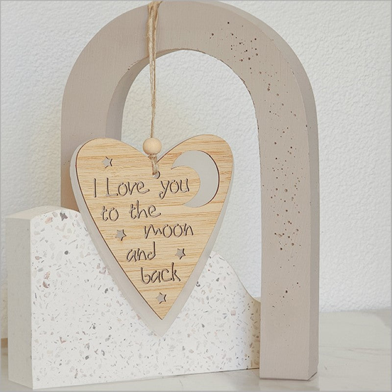 Elegant white satin acrylic heart and moon ornament, perfect for home decor or as a heartfelt gift.