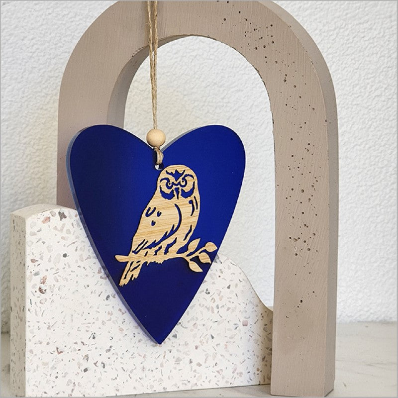 Heart-shaped blue satin acrylic ornament, 90mm x 105mm, with bamboo accents, perfect for decor or gifting.