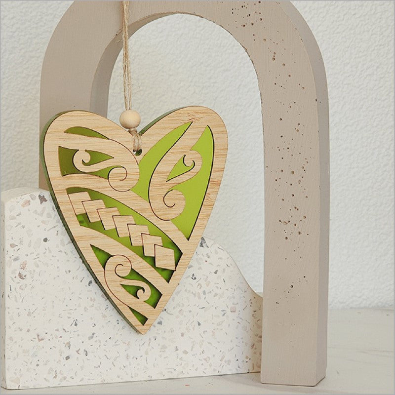 Lime satin acrylic heart ornament, measuring 90mm x 105mm, perfect for home decor and thoughtful gifts.