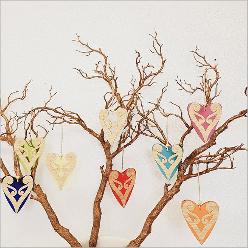 Lime Satin Acrylic Koru Heart ornament, 90mm x 105mm, symbolizing new beginnings and perfect for gifting or decor.