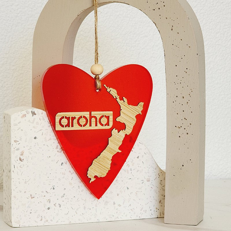 Red satin acrylic heart ornament with laser-cut design, perfect for gifting or home décor.