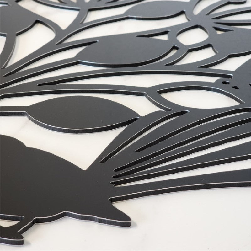 Large black wall art featuring a Fantail and Pohutukawa design, perfect for indoor or outdoor Kiwiana decor.