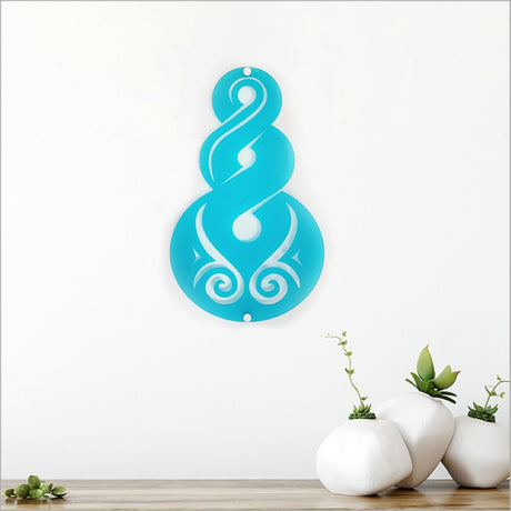 Large teal satin acrylic wall art featuring a Pikorua design symbolizing friendship and connections, perfect for home decor.