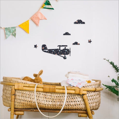 Textured wall art set featuring a propeller plane against a starry night sky, perfect for aviation enthusiasts.