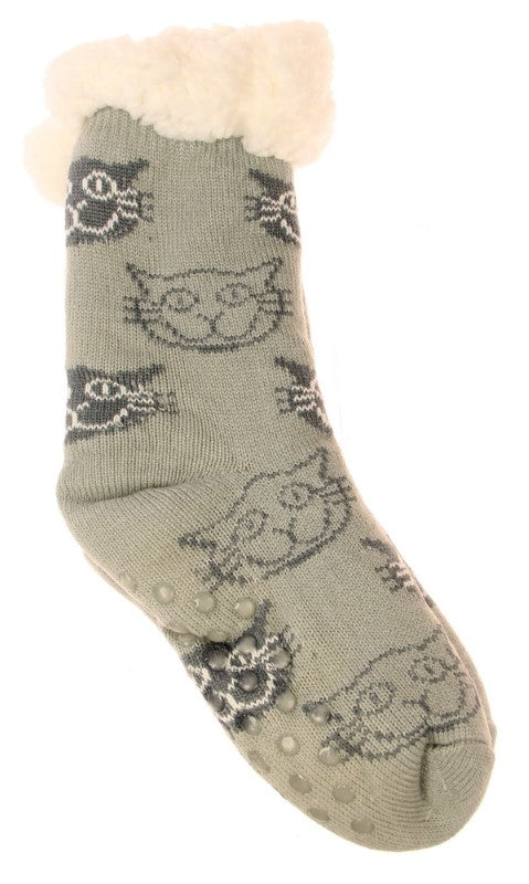 Cat Design Fleece Socks - GREY - Set of 2