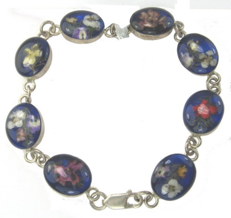 Sterling Silver Bracelet - Oval Multi Flower with Navy