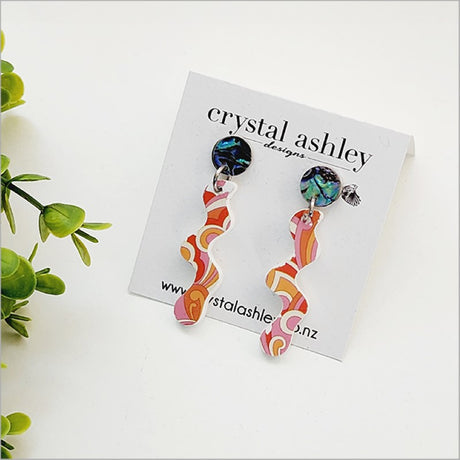 Lightweight dangle earrings with vibrant Paua shell inlays and unique retro Koru design, perfect for Kiwiana style.