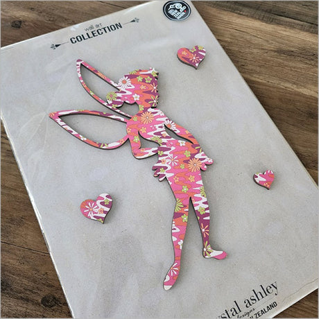Enchanting Tinkerbell wall art in pink with whimsical hearts, perfect for nursery decor, 15cm x 29.4cm size.