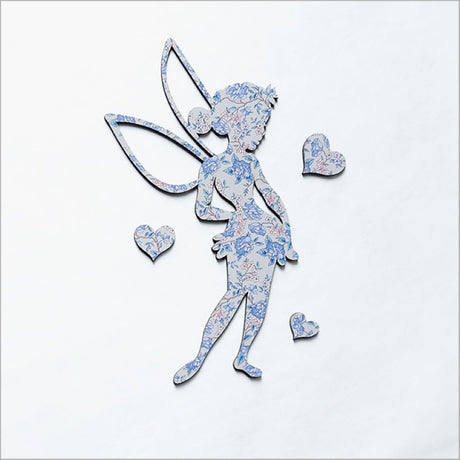 Vintage floral Tinkerbell wall art with hearts, perfect for nursery or bedroom decor, crafted from textured MDF.