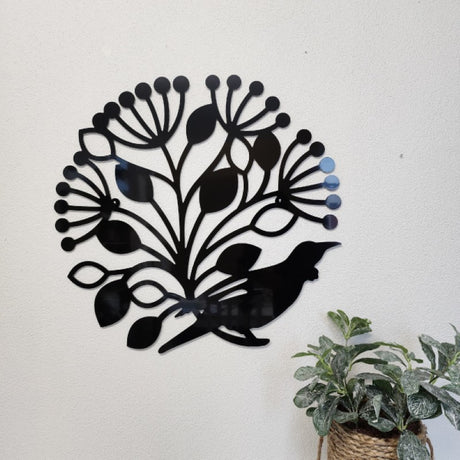 Large black Tui Pohutukawa circle wall art made of durable ACM, perfect for modern indoor or outdoor decor.