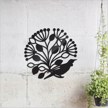 Black wall art featuring Tui and Pohutukawa, crafted from durable Aluminium Composite, ideal for indoor or outdoor display.