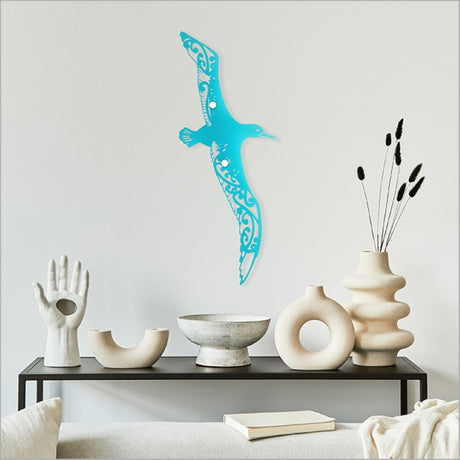 Large teal satin acrylic wall art featuring a graceful albatross, perfect for home or office decor.