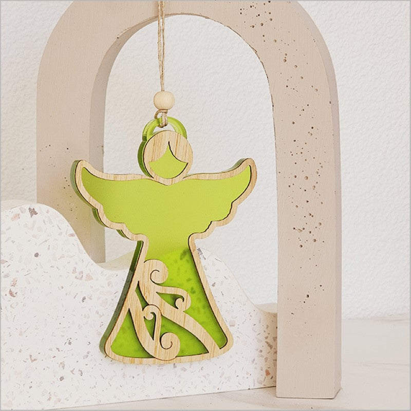Lime Satin Acrylic angel ornament with intricate laser-cut designs, perfect for holiday decor and easy to hang.