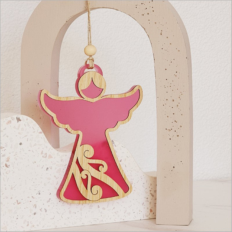 Pink satin acrylic angel ornament, perfect for Christmas decor or gifts, handcrafted and ready to hang.