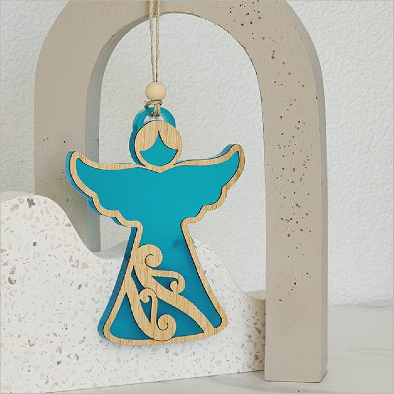 Teal satin acrylic angel ornament, laser-cut bamboo, ready to hang, perfect for holiday decor or gifting.
