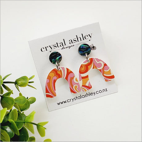 Handcrafted drop dangle earrings featuring vibrant Paua shell and unique arch design, perfect for any occasion.