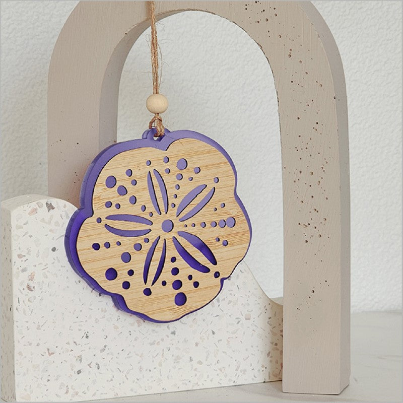 Purple satin acrylic Hanging Ornament featuring laser-cut bamboo, elegant design, perfect for home decor or gifts.