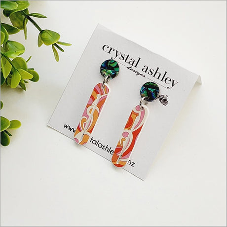 Lightweight drop dangle earrings with unique Paua shell and acrylic design, showcasing vibrant Kiwiana patterns.