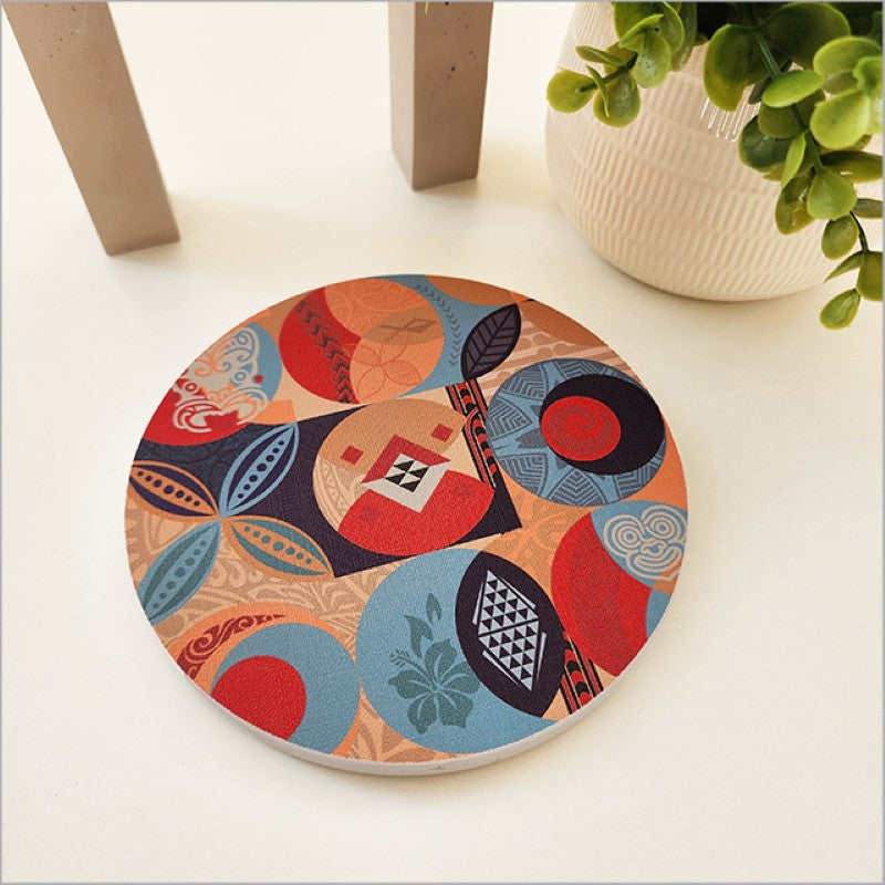 Vibrant 150mm Kiwiana printed canvas circle featuring Pacific-inspired design, perfect for home or office decor.