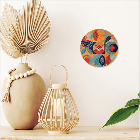 Vibrant 150mm Printed Canvas Circle - Pacific Fusion 2 showcasing Kiwiana design, perfect for home or office decor.